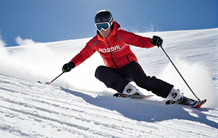 **A skier carving down a perfectly groomed slope on Rossignol Hero Elite ST Ti skis. Focus on the skis' edge contact with the snow and the skier's controlled, aggressive posture.** (Emphasizes carving skis on a prepared run)
