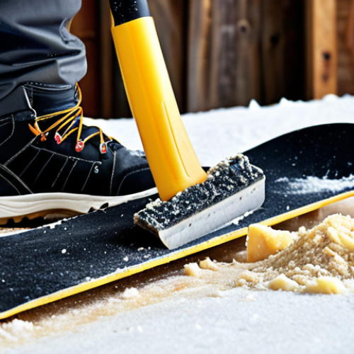 Home 6 **Image Prompt:** A close-up shot of a snowboard base being scraped clean of old wax and dirt, with a plastic scraper. Focus on the texture of the base and the removed wax shavings. Consider a cold, snowy workshop setting. Style: realistic photography.