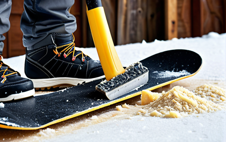 **Image Prompt:** A close-up shot of a snowboard base being scraped clean of old wax and dirt, with a plastic scraper. Focus on the texture of the base and the removed wax shavings. Consider a cold, snowy workshop setting. Style: realistic photography.