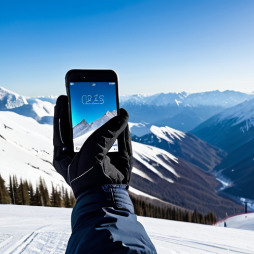 Home 24 A professional snowboarder's hand, fully clothed in a high-tech snowboard glove with a touchscreen-compatible fingertip, is seen in a natural pose, interacting with a smartphone on a snowy mountain slope. The glove is made of modern, waterproof material. In the background, a vast, snow-covered mountain range stretches under a clear sky, with subtle details of a ski resort. The snowboarder wears appropriate, modest winter attire. The image should feature perfect anatomy, correct proportions, well-formed hands, proper finger count, natural body proportions, professional photography, high quality, safe for work, appropriate content, fully clothed, family-friendly.