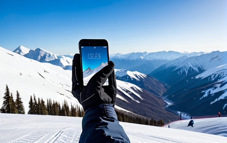 A professional snowboarder's hand, fully clothed in a high-tech snowboard glove with a touchscreen-compatible fingertip, is seen in a natural pose, interacting with a smartphone on a snowy mountain slope. The glove is made of modern, waterproof material. In the background, a vast, snow-covered mountain range stretches under a clear sky, with subtle details of a ski resort. The snowboarder wears appropriate, modest winter attire. The image should feature perfect anatomy, correct proportions, well-formed hands, proper finger count, natural body proportions, professional photography, high quality, safe for work, appropriate content, fully clothed, family-friendly.
