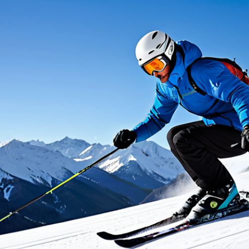 Home 23 A professional male skier carving gracefully down a pristine, well-groomed mountain slope. He is dressed in a modern, fully clothed, professional ski suit with a helmet and high-performance ski goggles. The pose is dynamic and natural, showcasing perfect anatomy and correct proportions, with well-formed hands holding ski poles. Snow-capped peaks are visible in the background under a clear blue sky, emphasizing a vast winter landscape. The image captures the precision and control of the turn, with crisp detail and natural lighting, resembling professional sports photography. Safe for work, appropriate content, fully clothed, professional, family-friendly.