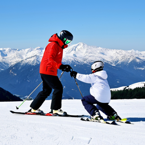 Home 22 Beginner Skiing Lesson**
A professional ski instructor, fully clothed in appropriate winter gear, demonstrating the "plow" technique to a student on a gentle slope. The student is also fully clothed in a warm ski suit. The background shows a snowy mountain landscape with a clear sky. Safe for work, appropriate content, modest attire, professional instruction, perfect anatomy, natural proportions, family-friendly.
**