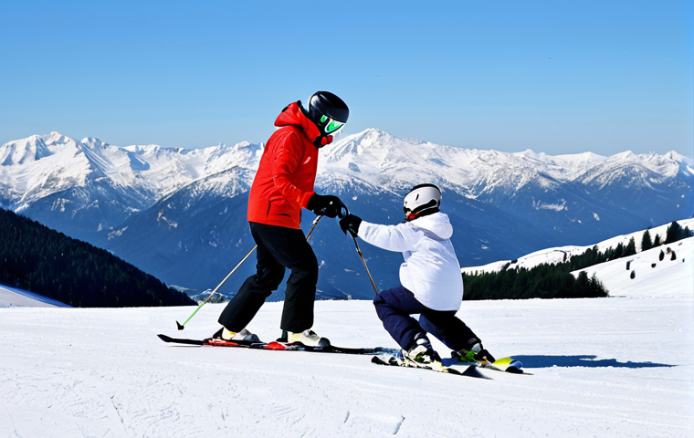 Beginner Skiing Lesson**

A professional ski instructor, fully clothed in appropriate winter gear, demonstrating the "plow" technique to a student on a gentle slope. The student is also fully clothed in a warm ski suit. The background shows a snowy mountain landscape with a clear sky. Safe for work, appropriate content, modest attire, professional instruction, perfect anatomy, natural proportions, family-friendly.

**
