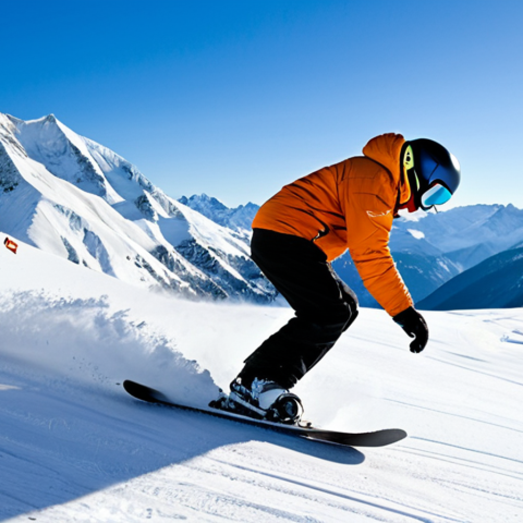 **

A snowboarder, fully clothed in appropriate winter gear, expertly carving down a steep, snow-covered mountain slope. The scene showcases perfect anatomy and natural proportions, emphasizing control and skill. The backdrop features a clear blue sky and majestic, snow-capped peaks.  Safe for work, appropriate content, professional photography, high quality, modest attire.

**
