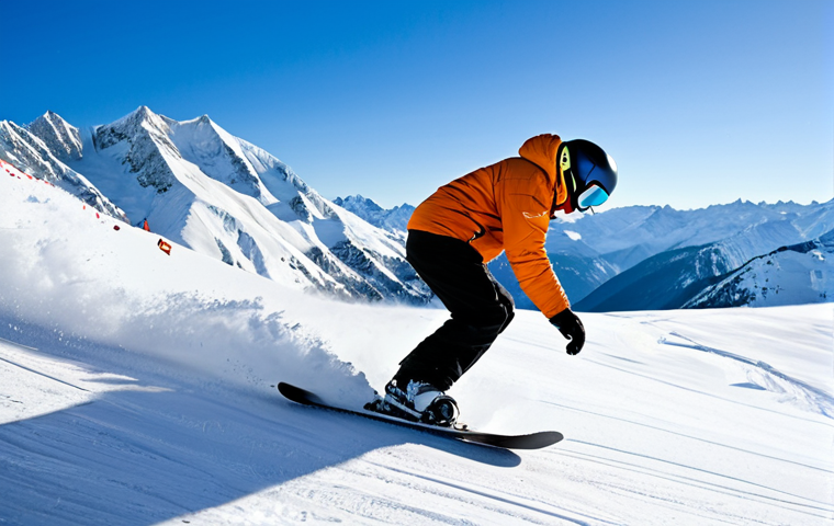 **

A snowboarder, fully clothed in appropriate winter gear, expertly carving down a steep, snow-covered mountain slope. The scene showcases perfect anatomy and natural proportions, emphasizing control and skill. The backdrop features a clear blue sky and majestic, snow-capped peaks.  Safe for work, appropriate content, professional photography, high quality, modest attire.

**