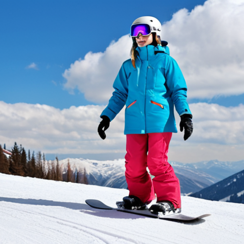 스노우보드 의류 레이어링 팁 - Snowboarding Beginner in the Mountains**
"A young woman, fully clothed in a colorful, modest snowbo...