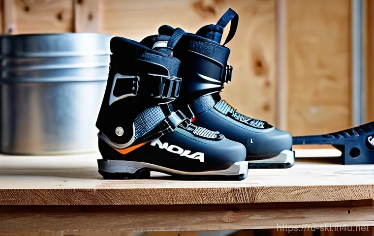 스키장비 정리 팁 - **Prompt:** A clean and well-lit utility room or garage, where a person (gender-neutral, wearing com...