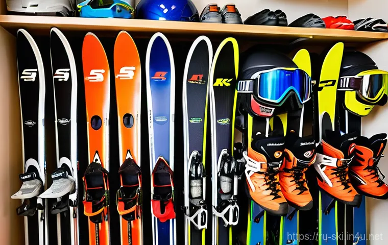 스키장비 정리 팁 - **Prompt:** A close-up shot of a pair of high-quality ski boots and bindings resting on a sturdy, cl...