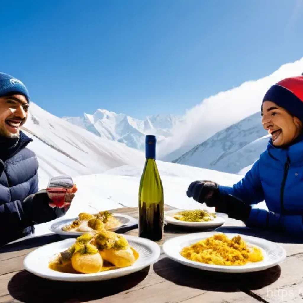 해외 스키장 추천 - **Gudauri Freeride Adventure & Georgian Feast:** A wide, dynamic shot from a low angle of a lone sno...