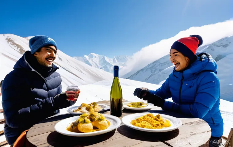 해외 스키장 추천 - **Gudauri Freeride Adventure & Georgian Feast:** A wide, dynamic shot from a low angle of a lone sno...