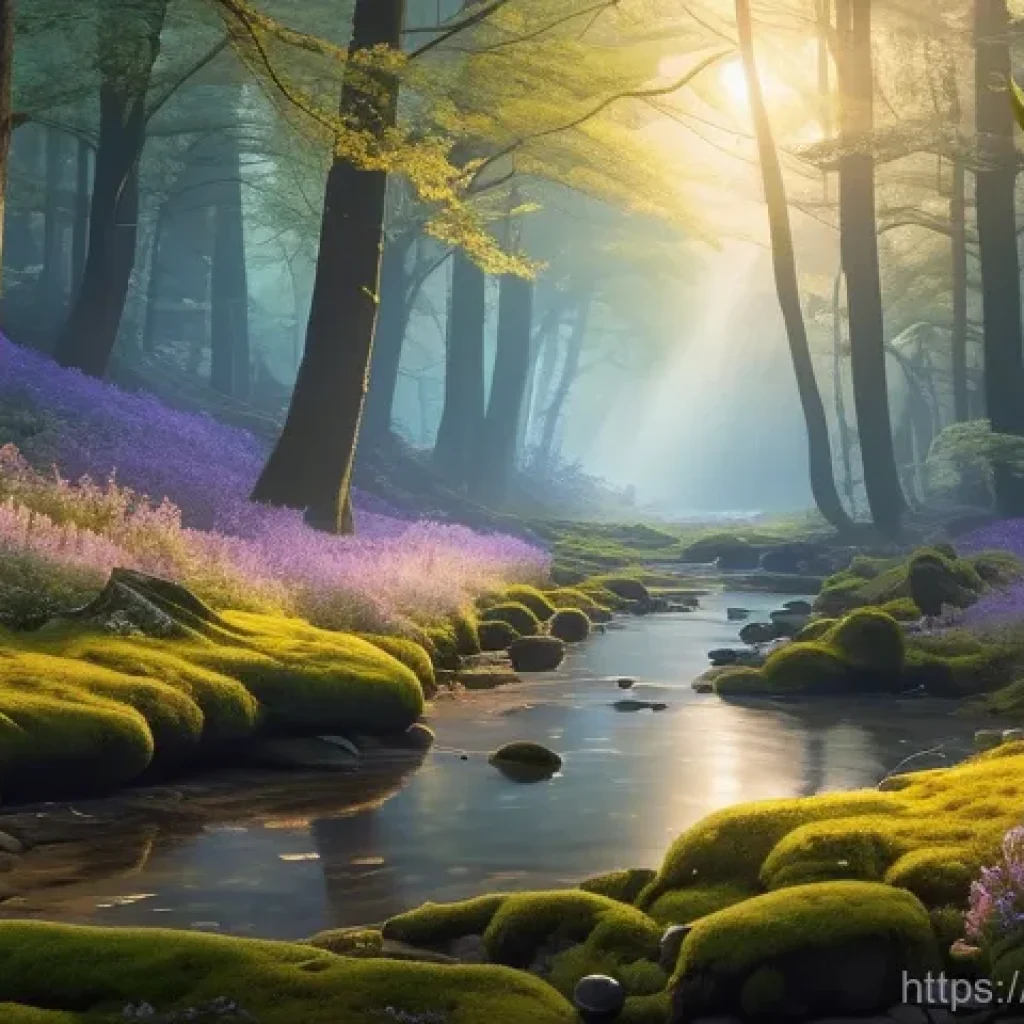 스키와 보드 초보자 장비 준비 - A whimsical forest scene at dawn. Sunlight filters through a canopy of ancient, moss-covered trees, ...
