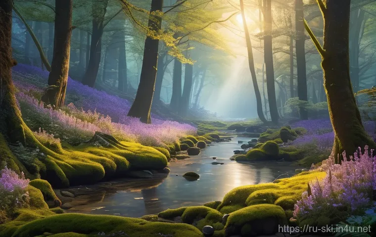스키와 보드 초보자 장비 준비 - A whimsical forest scene at dawn. Sunlight filters through a canopy of ancient, moss-covered trees, ...