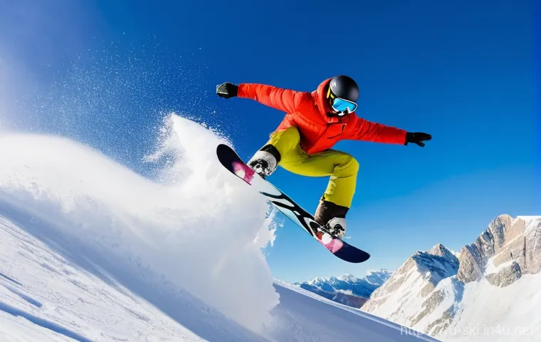 스노우보드 트릭 이름과 설명 - A male snowboarder performing a dynamic and stylish 'Method Grab' high in the air off a large snow k...