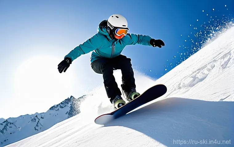 스노우보드 턴 연습 팁 - **Prompt 1: Dynamic Balance and Unity with the Board**
"A male or female snowboarder, mid-turn o...