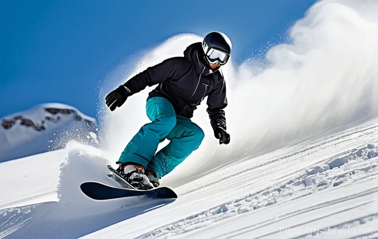 스노우보드 턴 연습 팁 - **Prompt 1: Dynamic Balance and Unity with the Board**
    "A male or female snowboarder, mid-turn o...