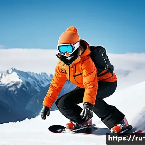 Home 32 스노우보드 의류 최저가 - **Prompt:** A female snowboarder carving down a pristine, snow-covered mountain slope under a clear ...