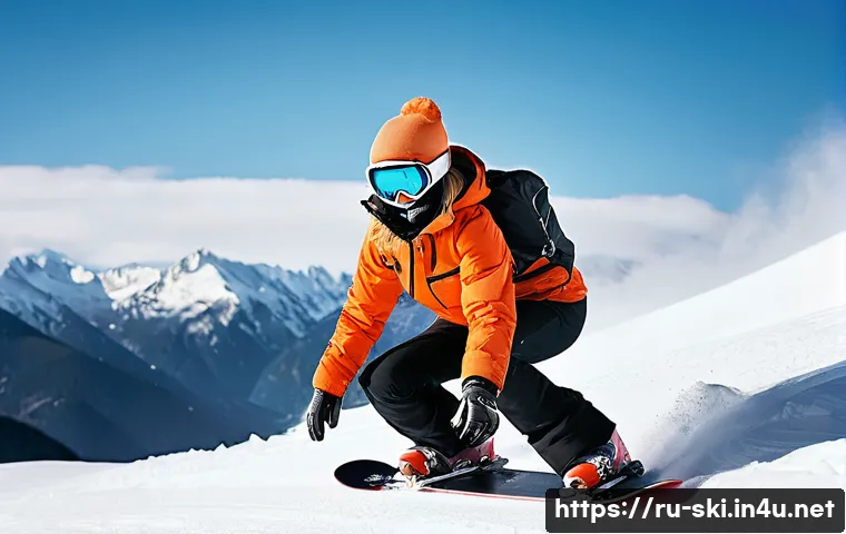 스노우보드 의류 최저가 - **Prompt:** A female snowboarder carving down a pristine, snow-covered mountain slope under a clear ...