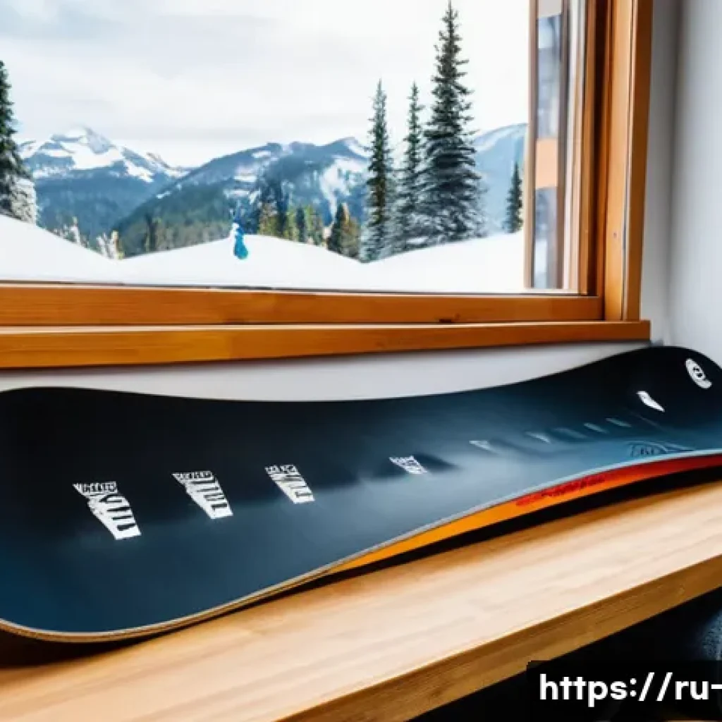스노우보드 데크 관리법 - A detailed scene of a snowboard being stored indoors during the off-season: the snowboard rests on a...