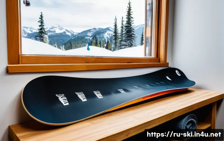 스노우보드 데크 관리법 - A detailed scene of a snowboard being stored indoors during the off-season: the snowboard rests on a...