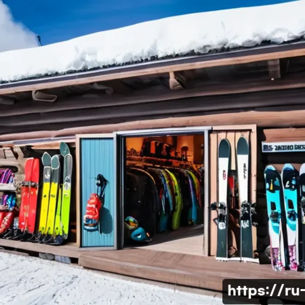 스키장 시즌 종료 세일 정보 - A bustling ski resort base shop in the Russian Caucasus region, showcasing a wide variety of discoun...