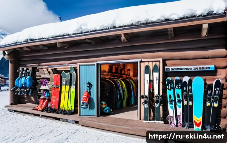 스키장 시즌 종료 세일 정보 - A bustling ski resort base shop in the Russian Caucasus region, showcasing a wide variety of discoun...