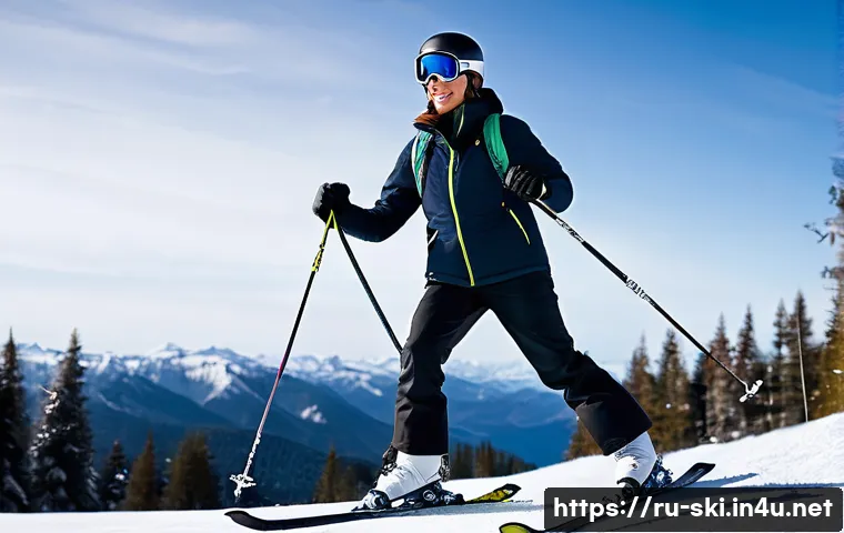 스키 전문가 인터뷰 - A detailed winter scene showing a beginner skier practicing proper skiing stance on a gentle slope a...