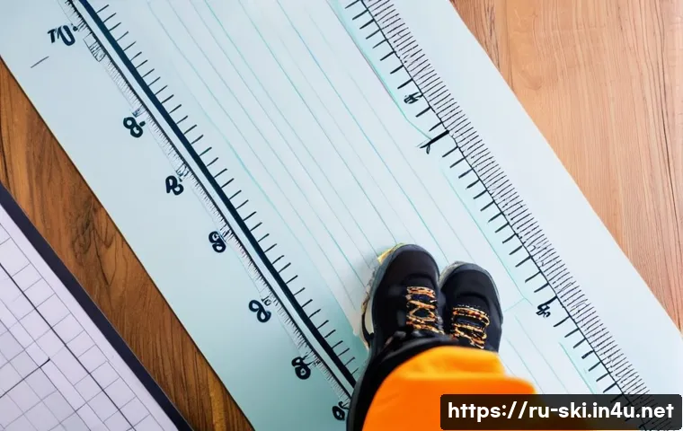 스노우보드 부츠 핏 조절 - A detailed close-up image of a person measuring their foot length and width for snowboard boots at h...