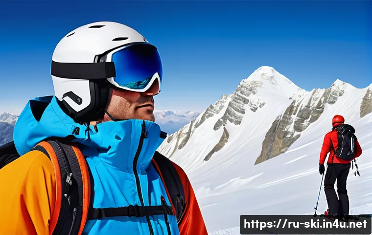 스키 여행 보험 가입 팁 - A detailed scene of a skier with visible protective gear and winter sports clothing, including a hel...
