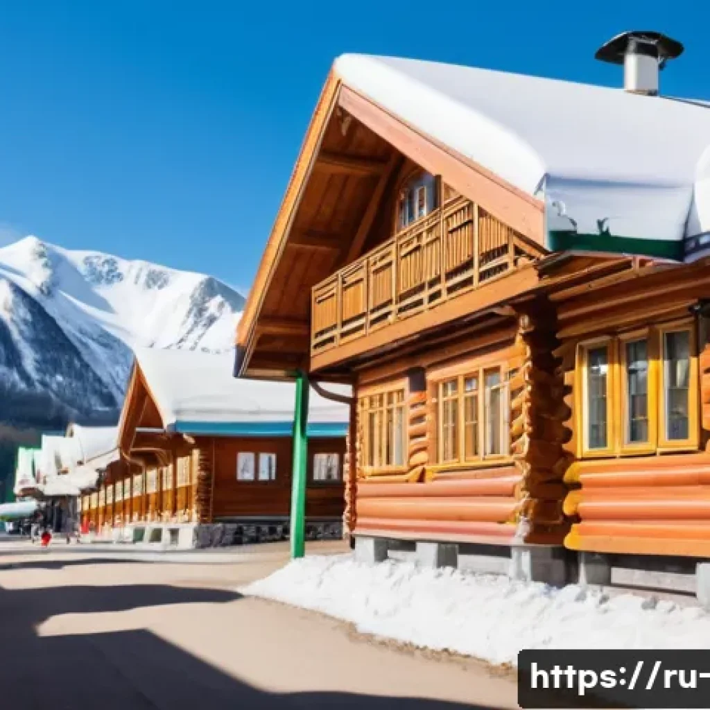 스키장별 할인 이벤트 - A lively ski resort scene in Sheregesh, Russia during early winter, showcasing cozy wooden chalets w...