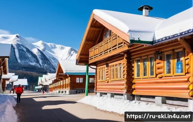 스키장별 할인 이벤트 - A lively ski resort scene in Sheregesh, Russia during early winter, showcasing cozy wooden chalets w...