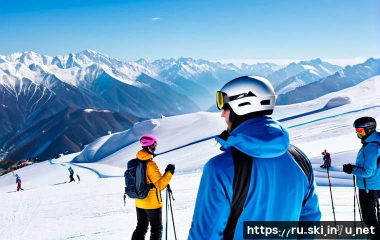 스키장 스키 스쿨 후기 - A professional ski instructor teaching a diverse group of adult beginners on a snowy slope in the Ca...