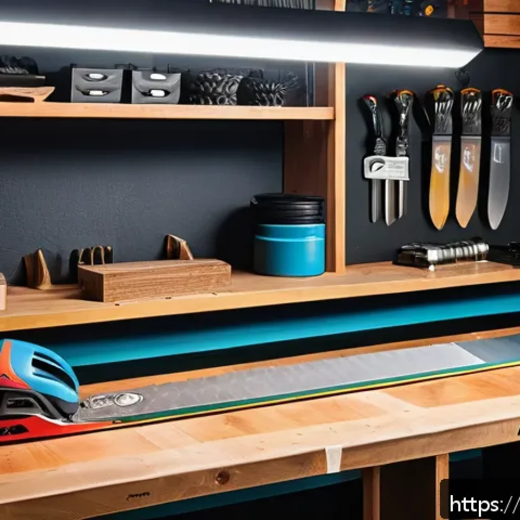 스노우보드 장비 유지보수 - A detailed scene of a snowboard maintenance workshop in a cozy basement setting typical for a Russia...