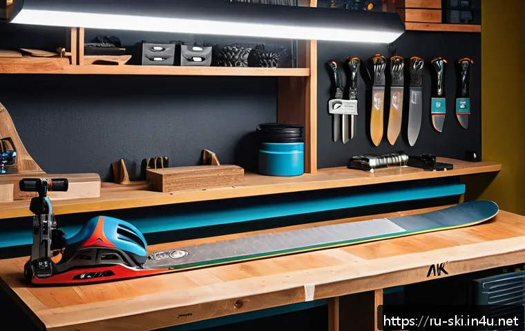 스노우보드 장비 유지보수 - A detailed scene of a snowboard maintenance workshop in a cozy basement setting typical for a Russia...
