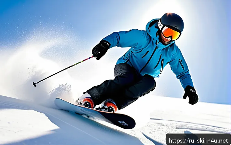 스노우보드 중급자 과정 - A dynamic action shot of an advanced snowboarder executing a precise carving turn on a firm, snowy s...