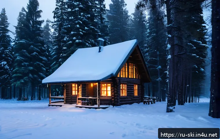 스키장 근처 캠핑장 - A cozy wooden cabin nestled in a snow-covered forest in the Moscow region during winter, smoke gentl...