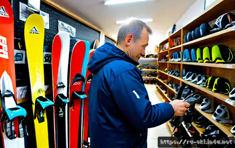 스키 중고 시장 활용법 - Photorealistic winter sports consignment shop in Russia, a middle-aged customer carefully inspecting...
