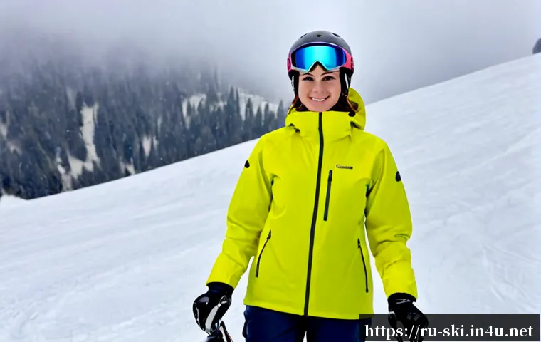 Home 15 스키장 날씨에 따른 복장 - Photorealistic winter ski resort scene in the Russian Caucasus, a skier dressed for mild snowy weath...